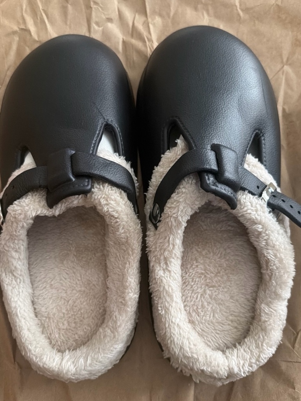 Kids Black Faux-Leather Mary Jane Shoes with Cream Fleece Lining